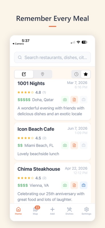 A searchable list of past dining experiences in ForkSmart, each with a rating, price level and location.