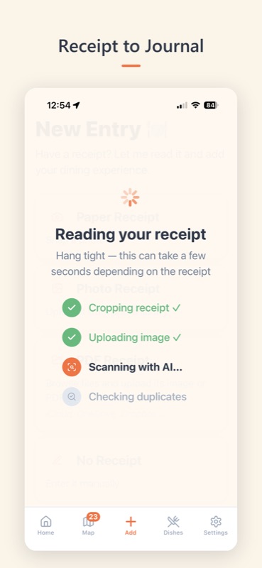 ForkSmart reading a receipt: on-screen steps show cropping the receipt, uploading the image, scanning with AI and checking for duplicates.