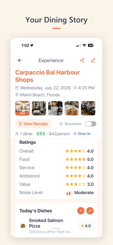 A ForkSmart dining experience showing the restaurant, date, ratings, notes and photos for a single visit.