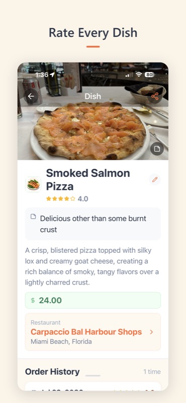 ForkSmart’s dish rating editor with a star rating, price, photo and notes for an individual dish.