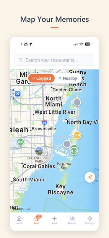A personalized map of restaurants ForkSmart has logged, with nearby dining options highlighted.