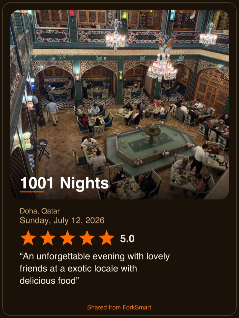 Finished ForkSmart postcard for 1001 Nights in Doha, Qatar, with a restaurant photo, five-star rating and a personal note.