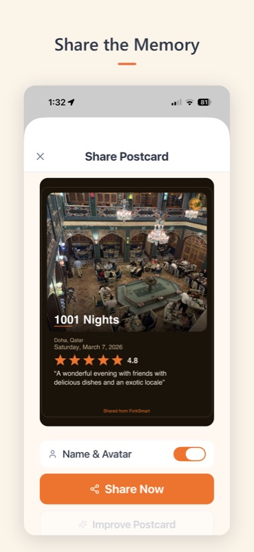 A ForkSmart shareable postcard with a restaurant photo, name, date, star rating and a personal note.
