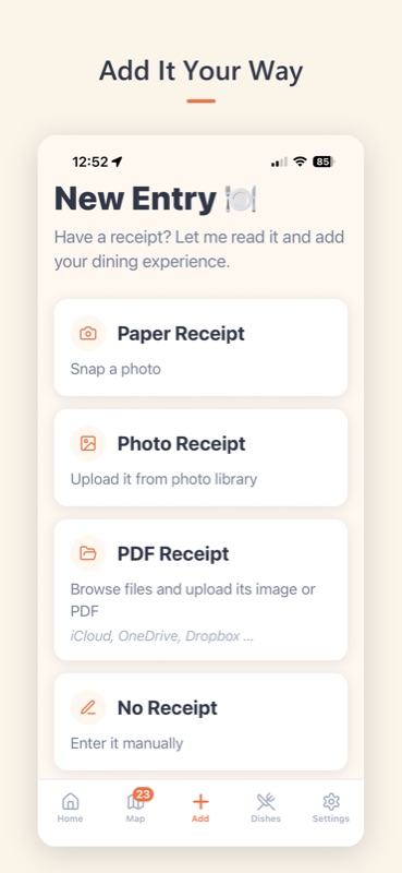 ForkSmart’s New Entry screen offering four ways to add a visit: paper receipt, photo receipt, PDF receipt, or manual entry.